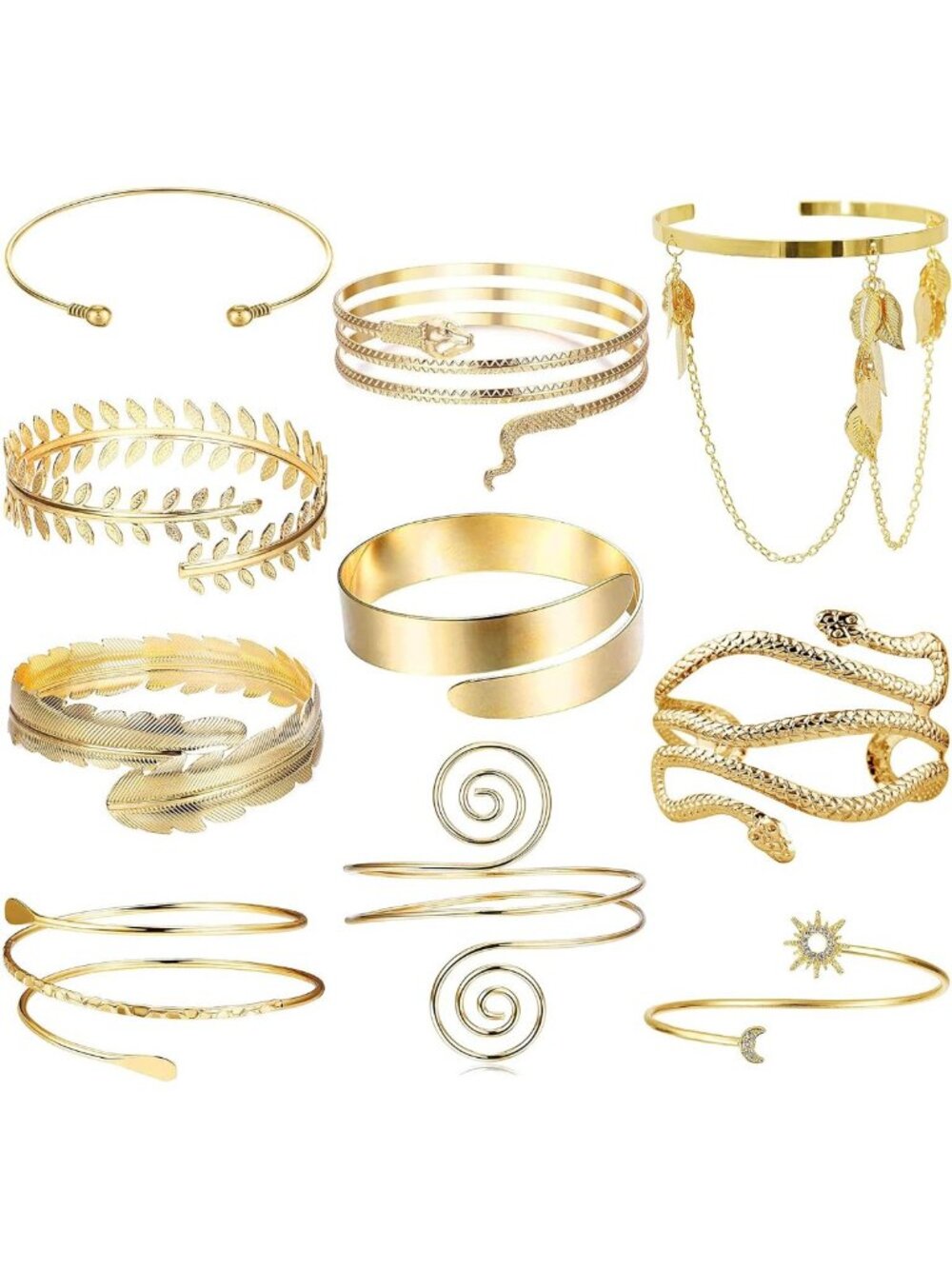 Boho Arm Cuff Bracelet Set - Adjustable Upper Arm Bands, Snake & Feather Designs